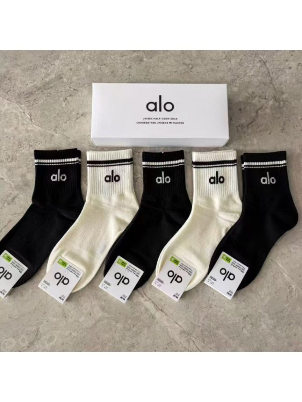 A30- ALO Yoga Women's Classic Two-Stripe Half-Crew Socks 5-Pair Box Set - NWT